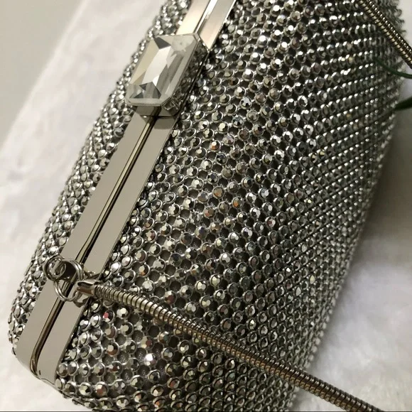 Sondra Roberts Box Silver Rhinestone/Satin Clutch, NWT